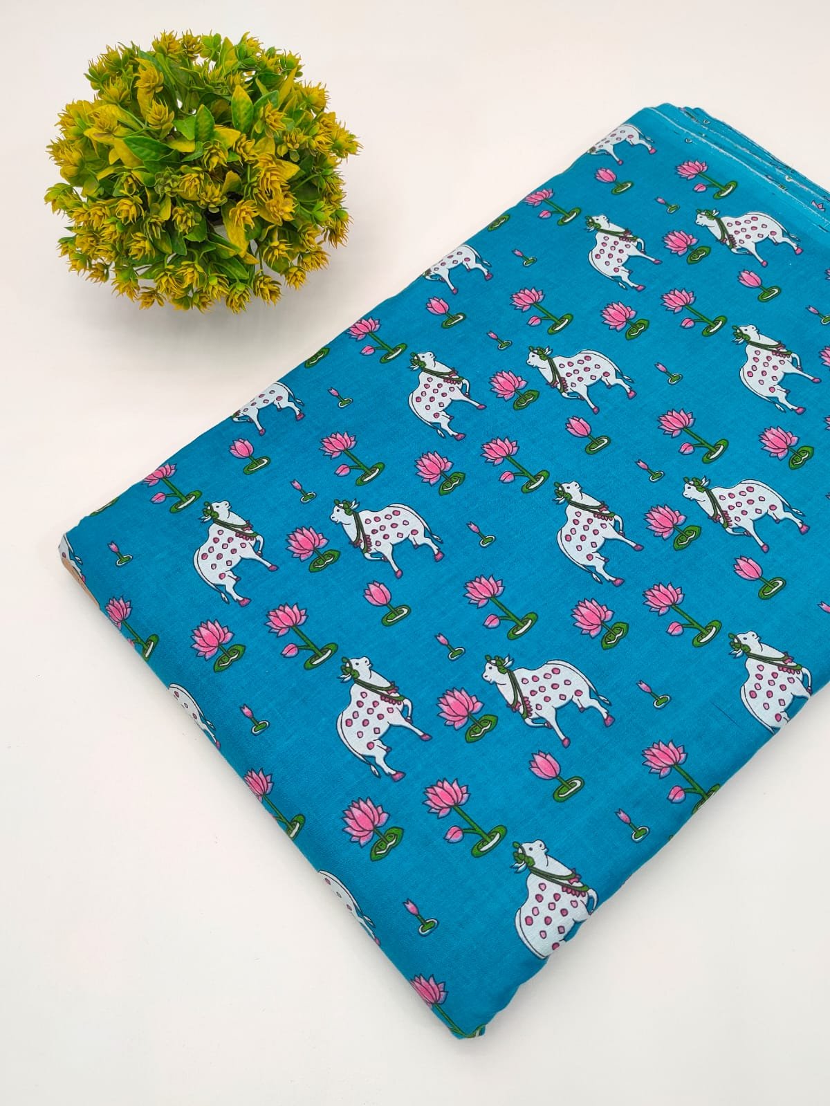 Blue Cow and Lotus Motif Screen Print Pure Cotton Fabric From Jaipur Bazar Tulsi Prints