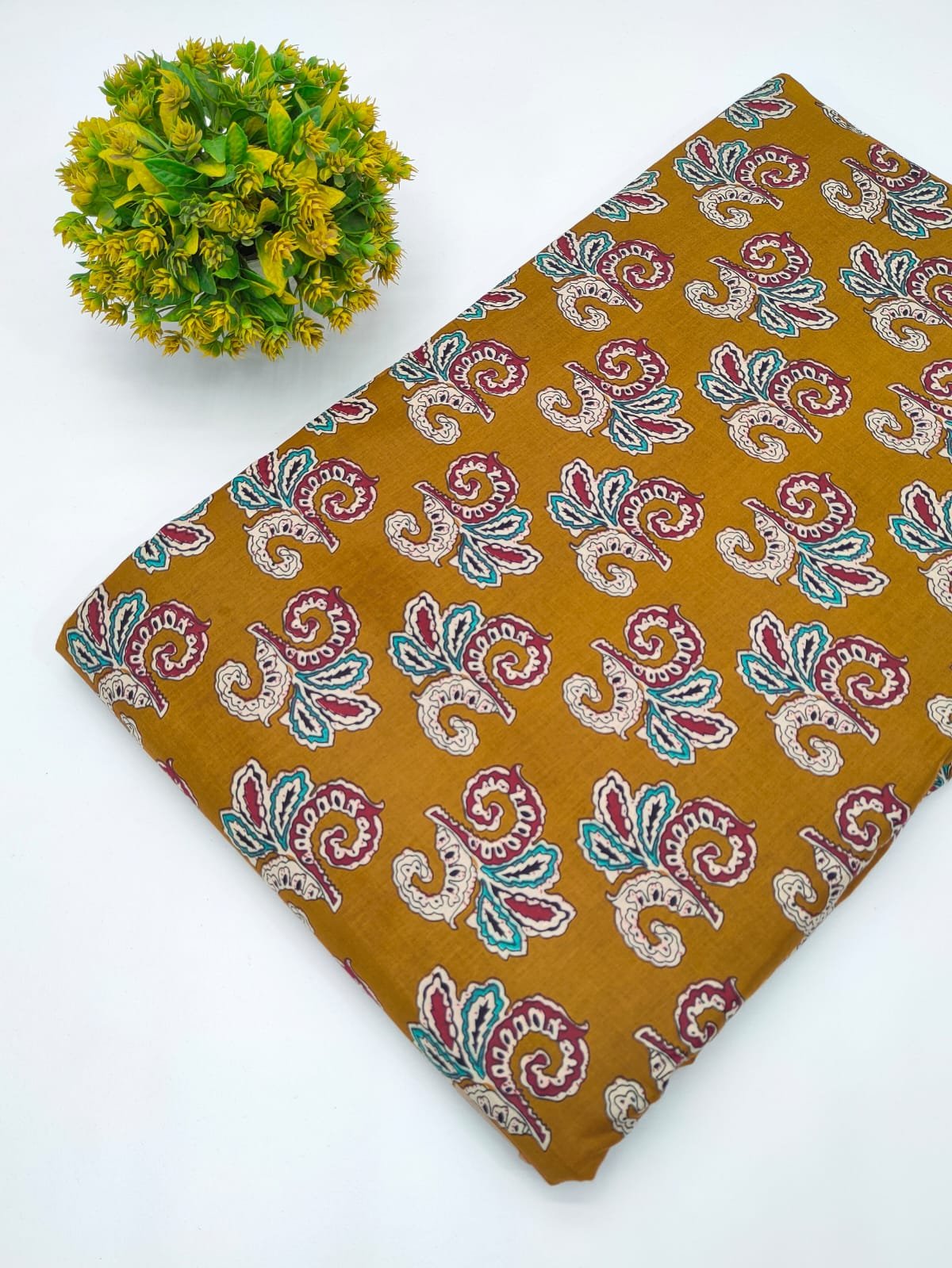 Mustard Yellow Paisley Motif Screen Print Pure Cotton Fabric From Jaipur Bazar Tulsi Prints