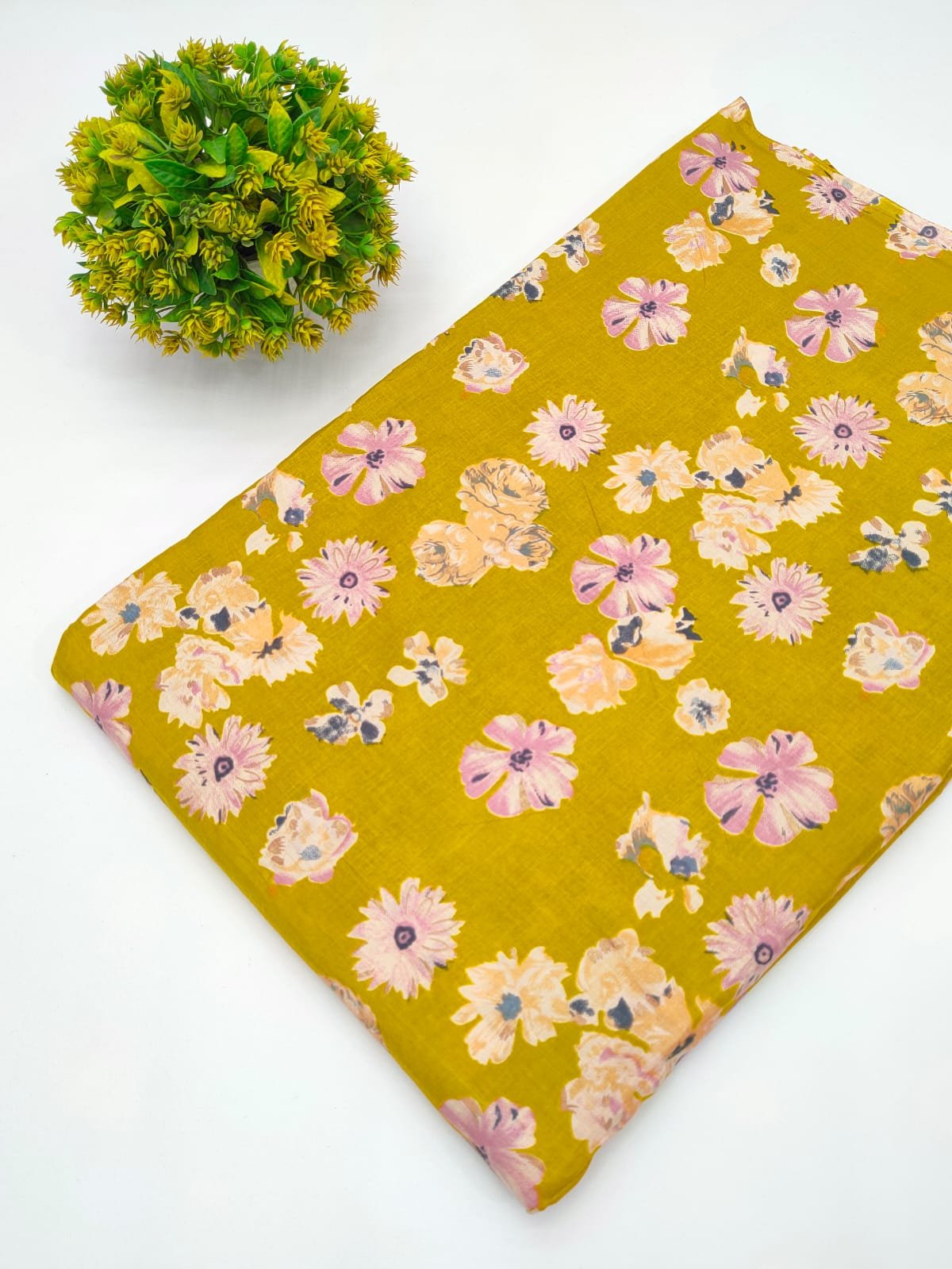 Mustard Yellow Floral Print Screen Print Pure Cotton Fabric From Jaipur Bazar Tulsi Prints