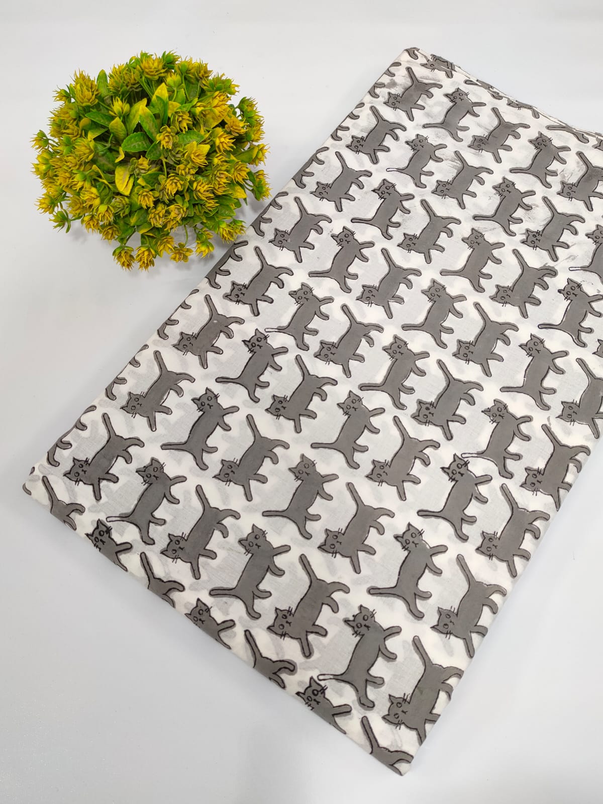 White Cat Print Sanganeri Hand Block Print Cotton Fabric From Jaipur Bazar Tulsi Prints