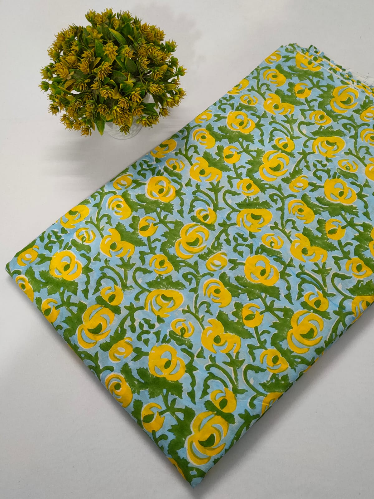 Light Blue Floral Sanganeri Hand Block Print Cotton Fabric From Jaipur Bazar Tulsi Prints