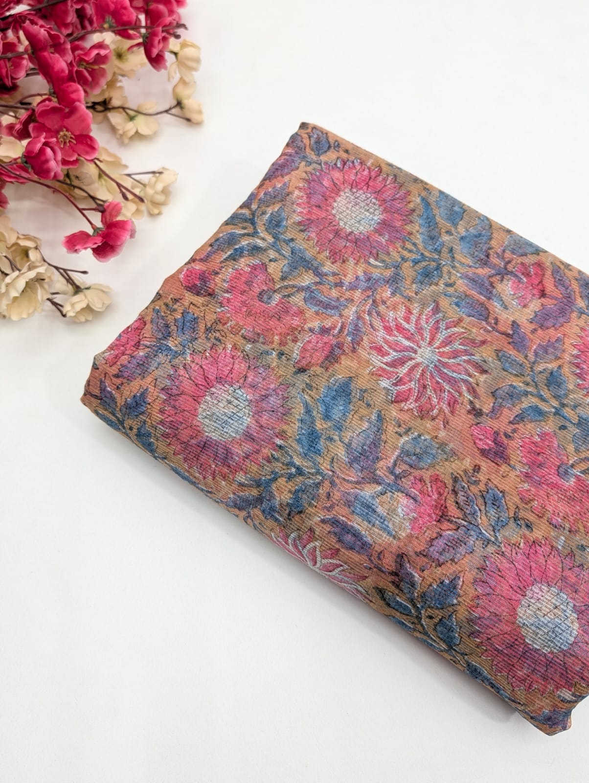 Kota Doriya Hand Block Print Running Fabric | Floral Sanganeri Print | JaipurBazar.i