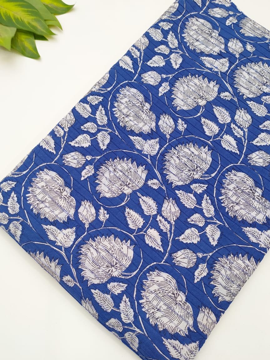 Blue floral pintuck cotton fabric Jaipur