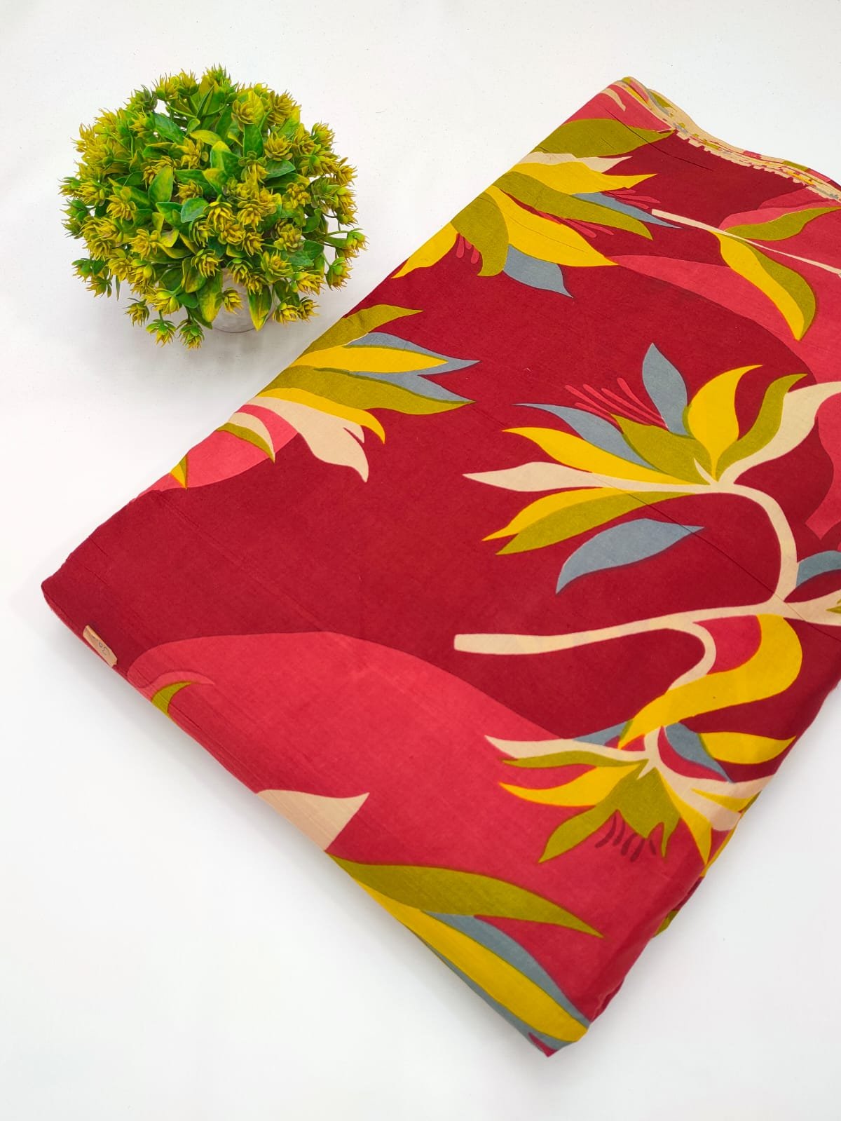 Red nature-inspired screen print cotton fabric India