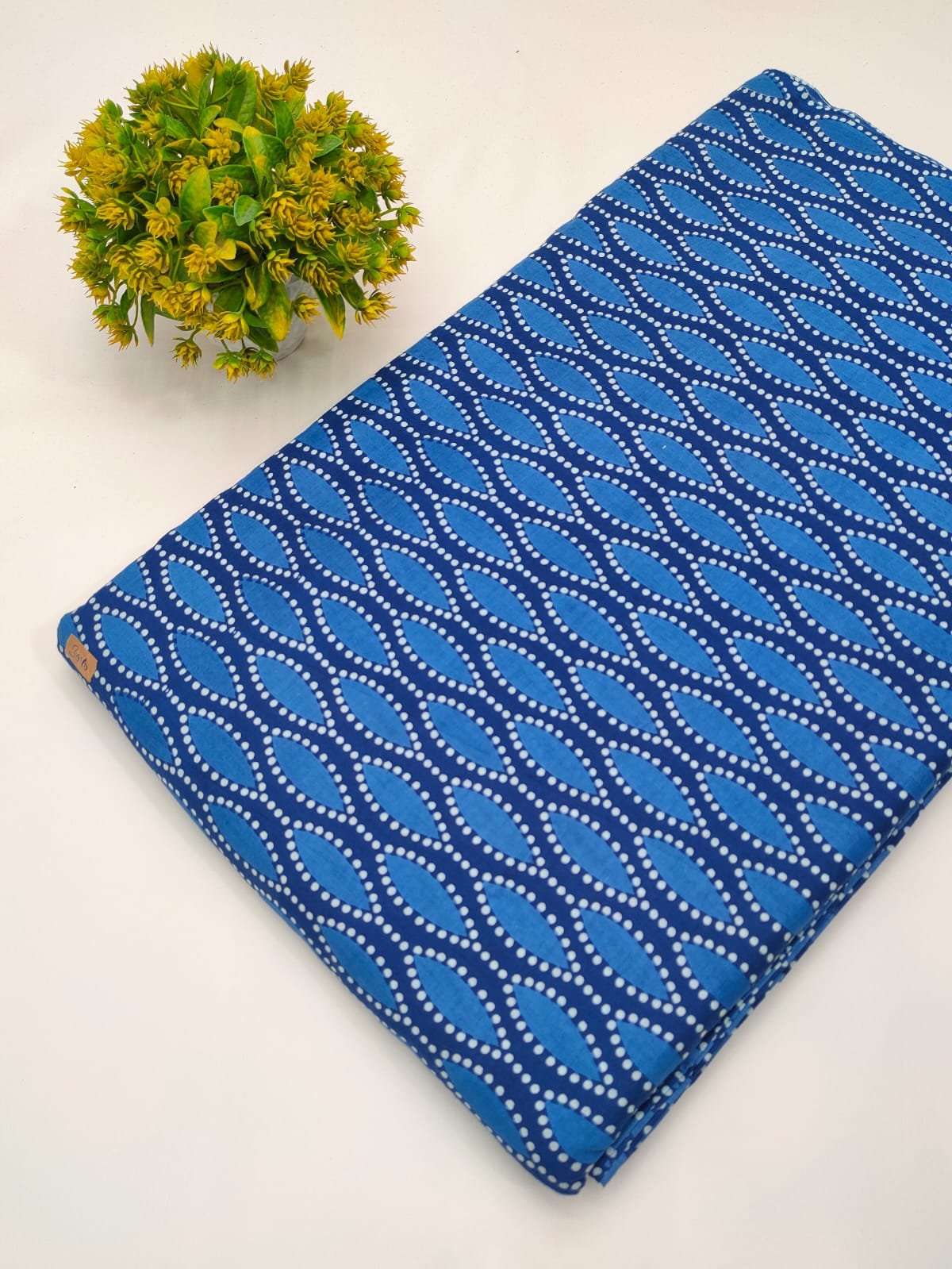 Blue geometric screen print cotton fabric Jaipur