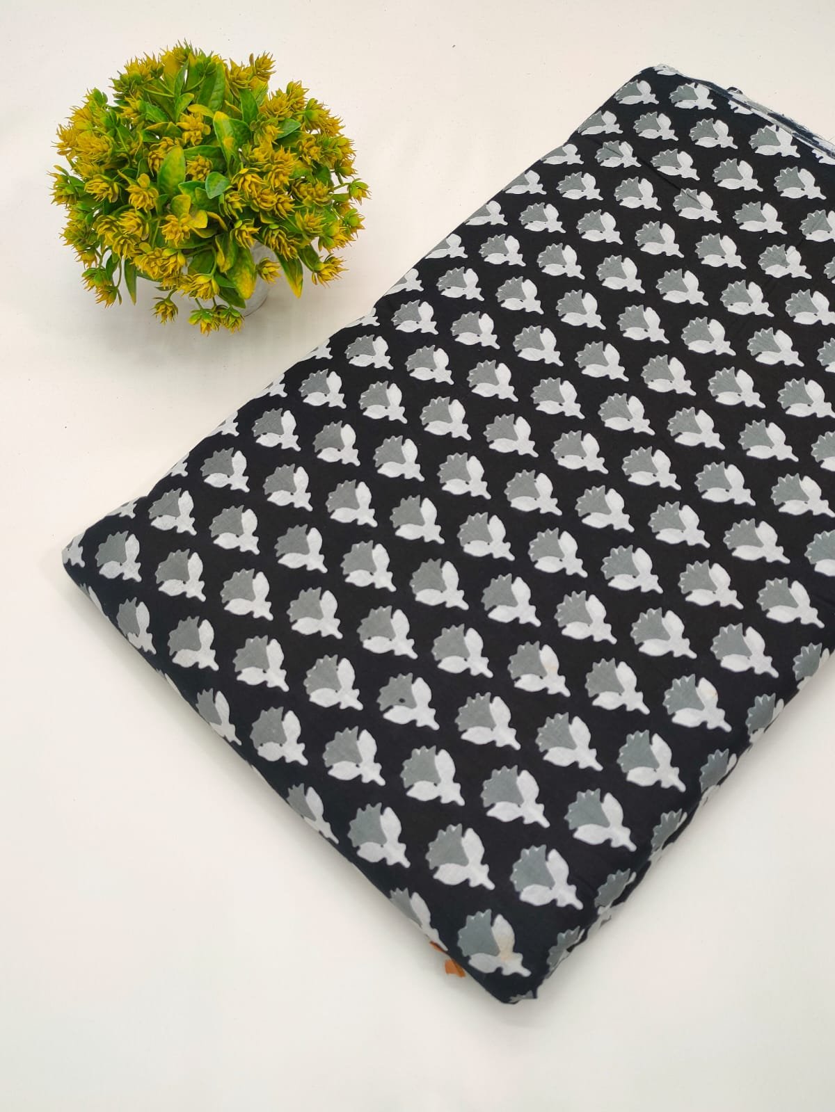 Black ethnic motif screen print cotton fabric Jaipur