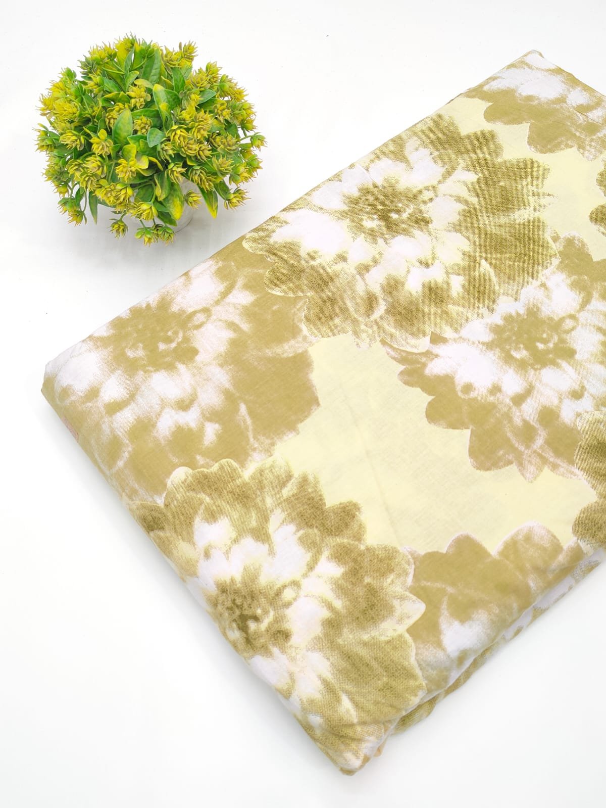 Pale green floral screen print cotton fabric India