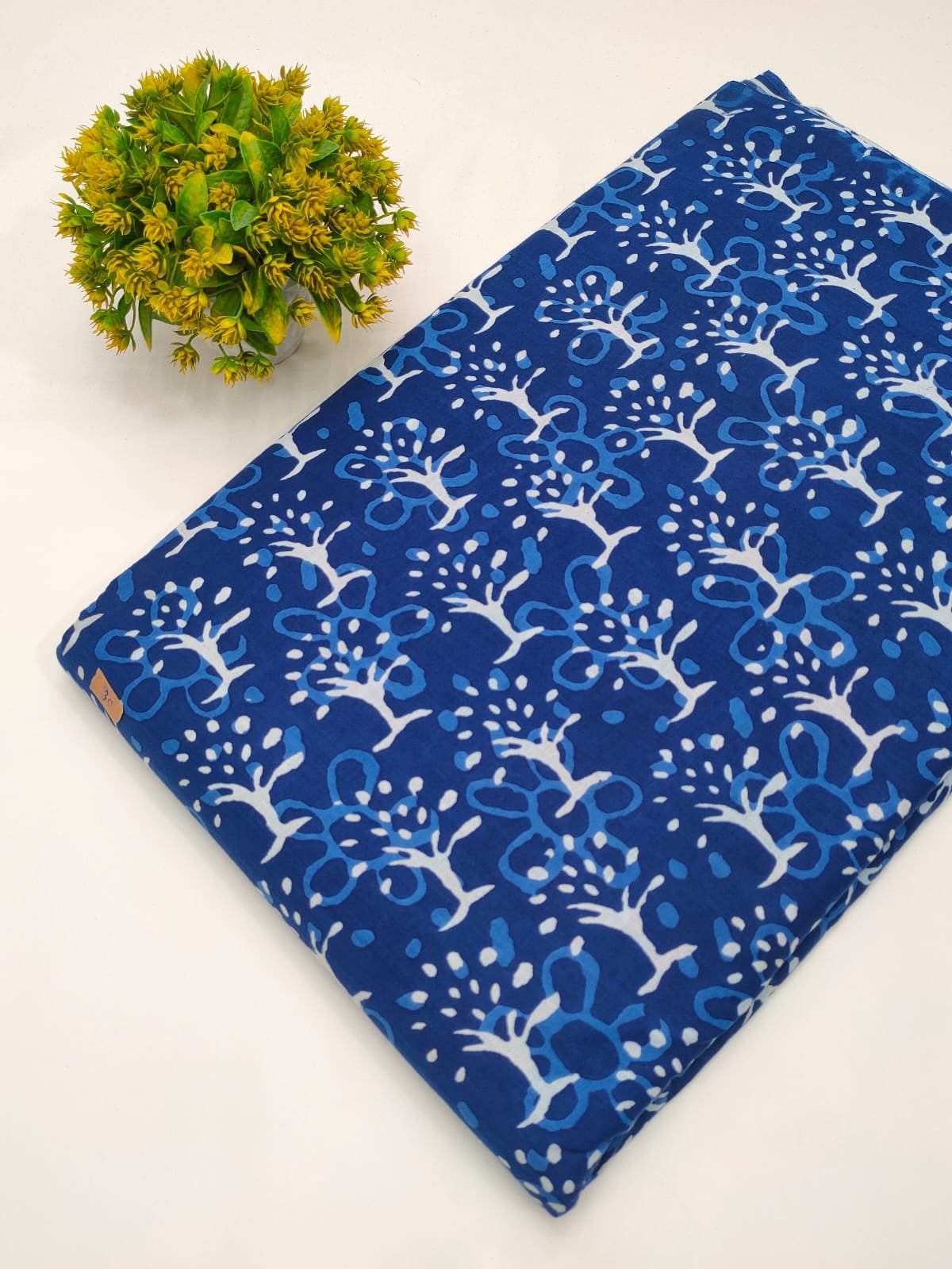Blue nature-inspired screen print cotton fabric India