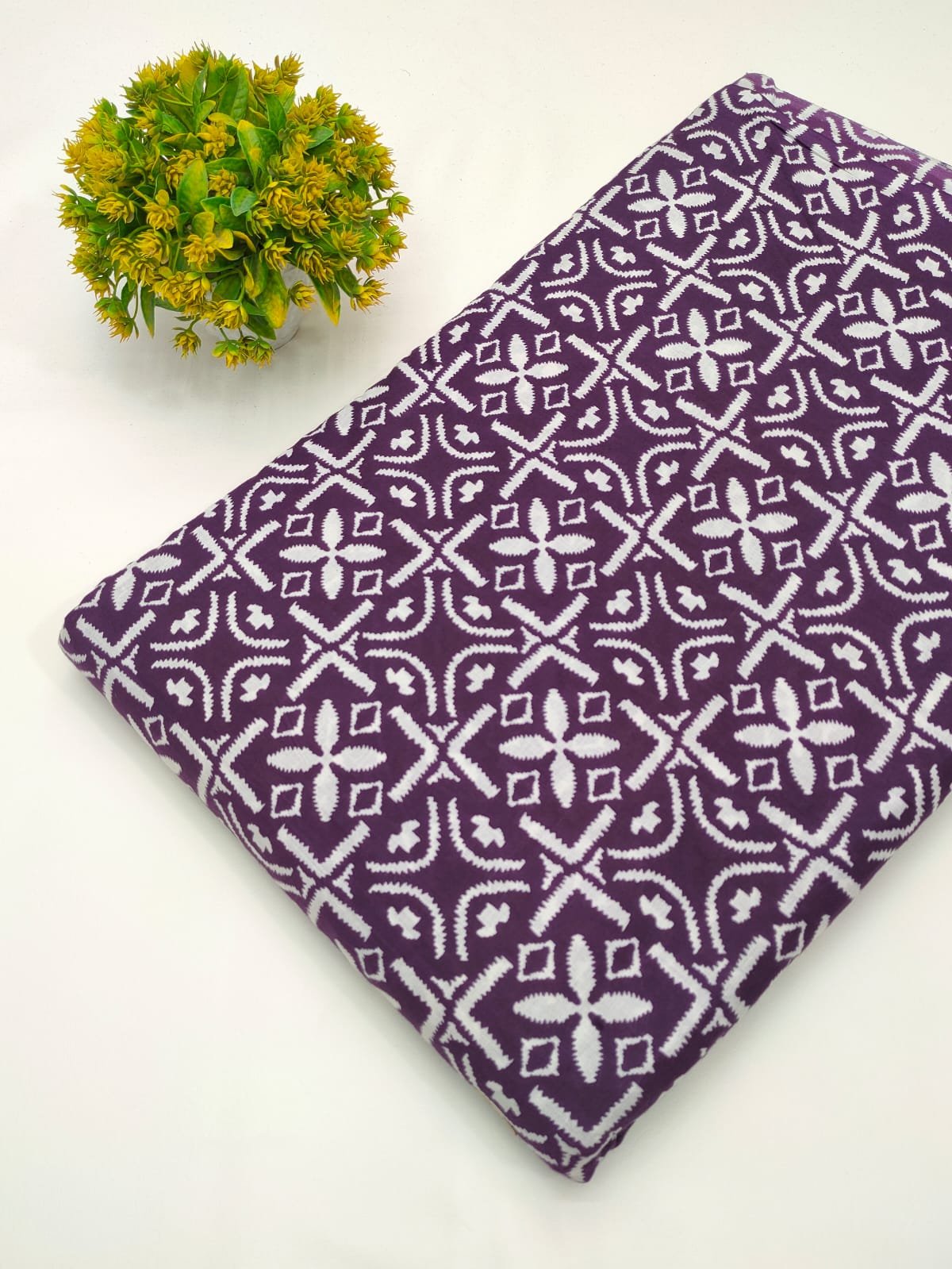 Purple geometric screen print cotton fabric