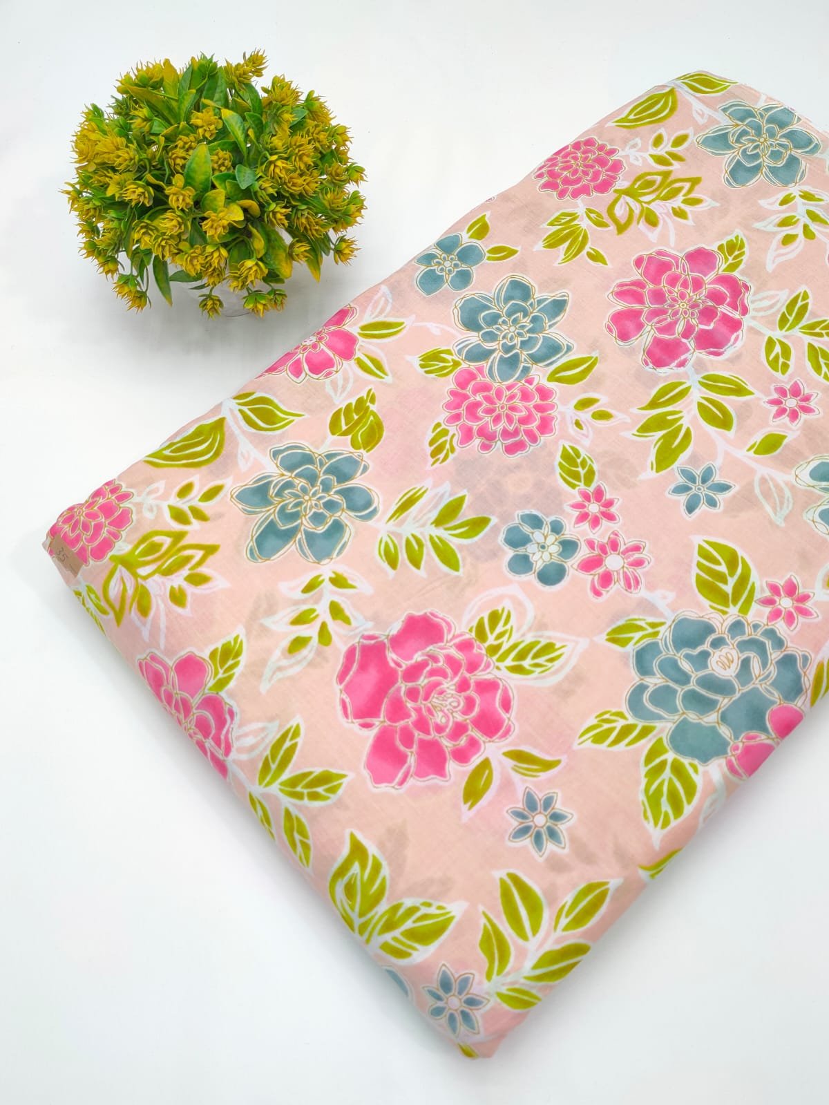 Pink cotton fabric with floral screen print design