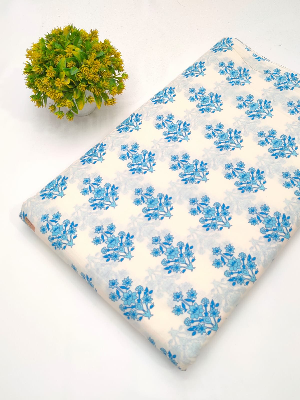 Cream blue floral screen print fabric Jaipur