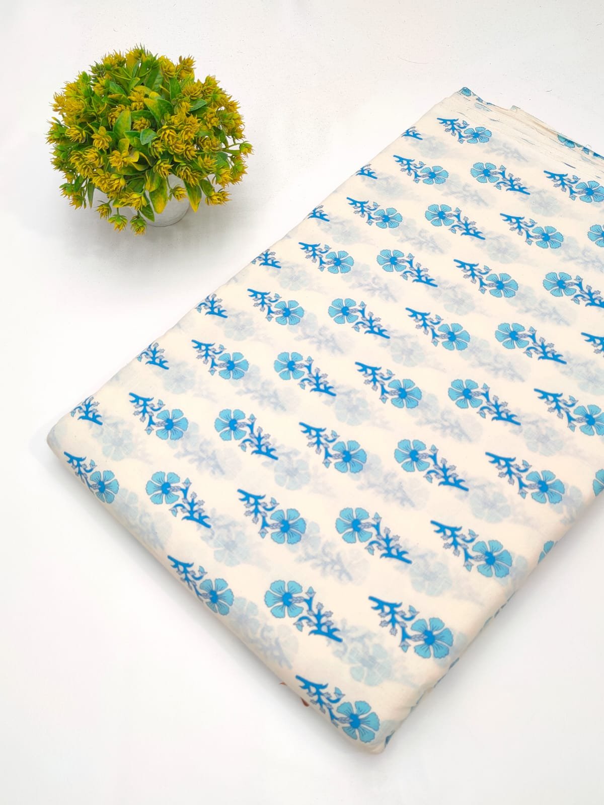 White blue floral screen print cotton fabric