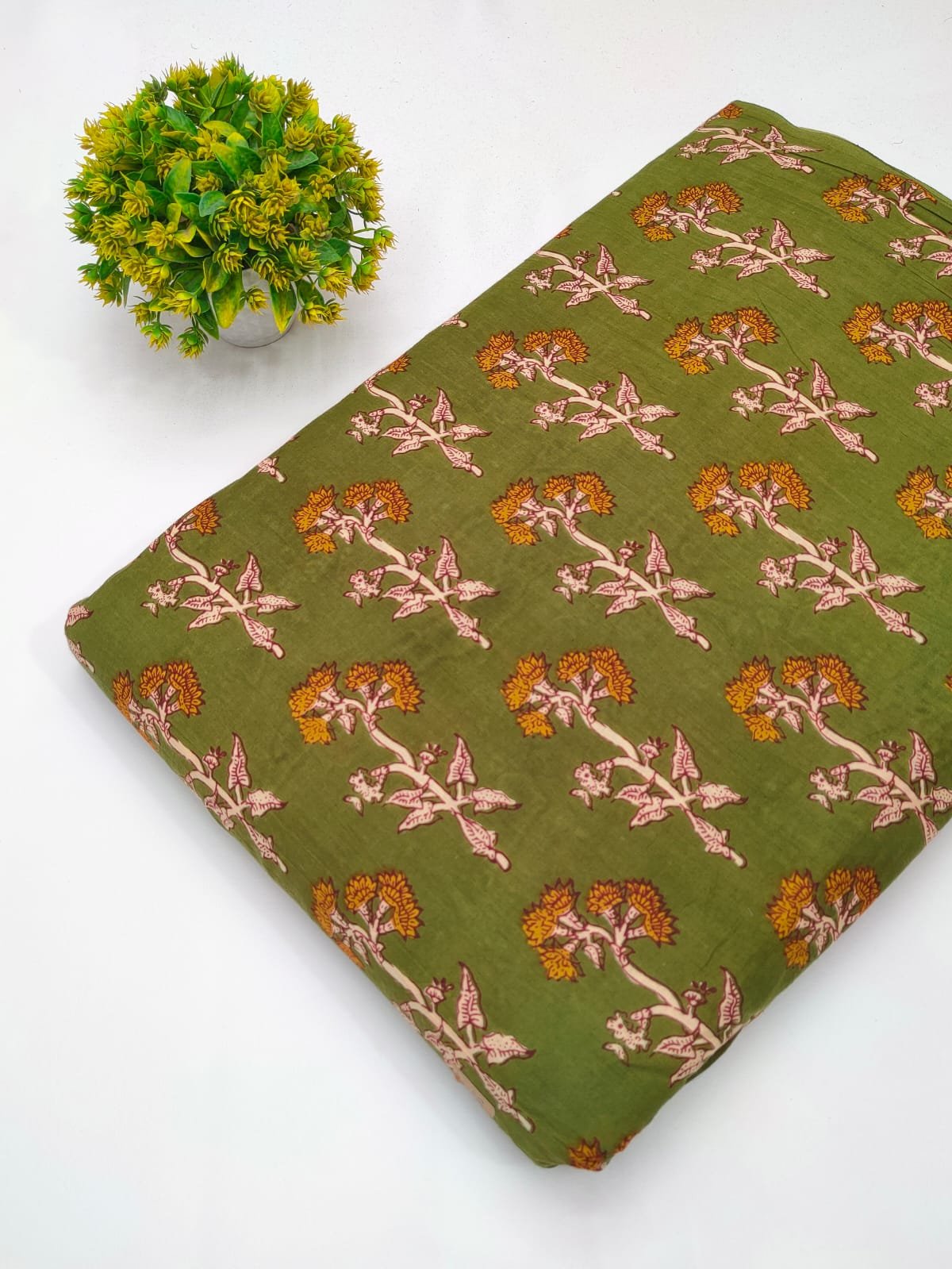 Green floral screen print cotton fabric Jaipur