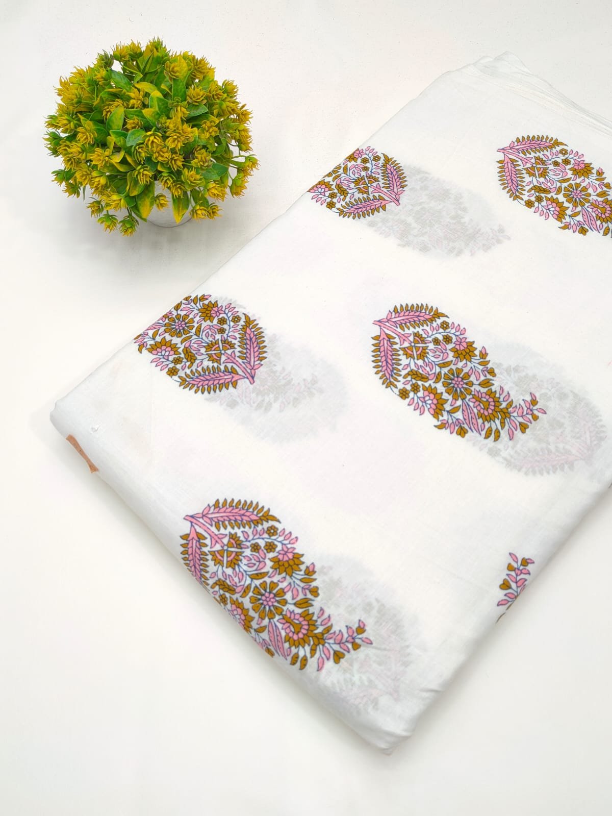 White paisley cotton fabric screen print India