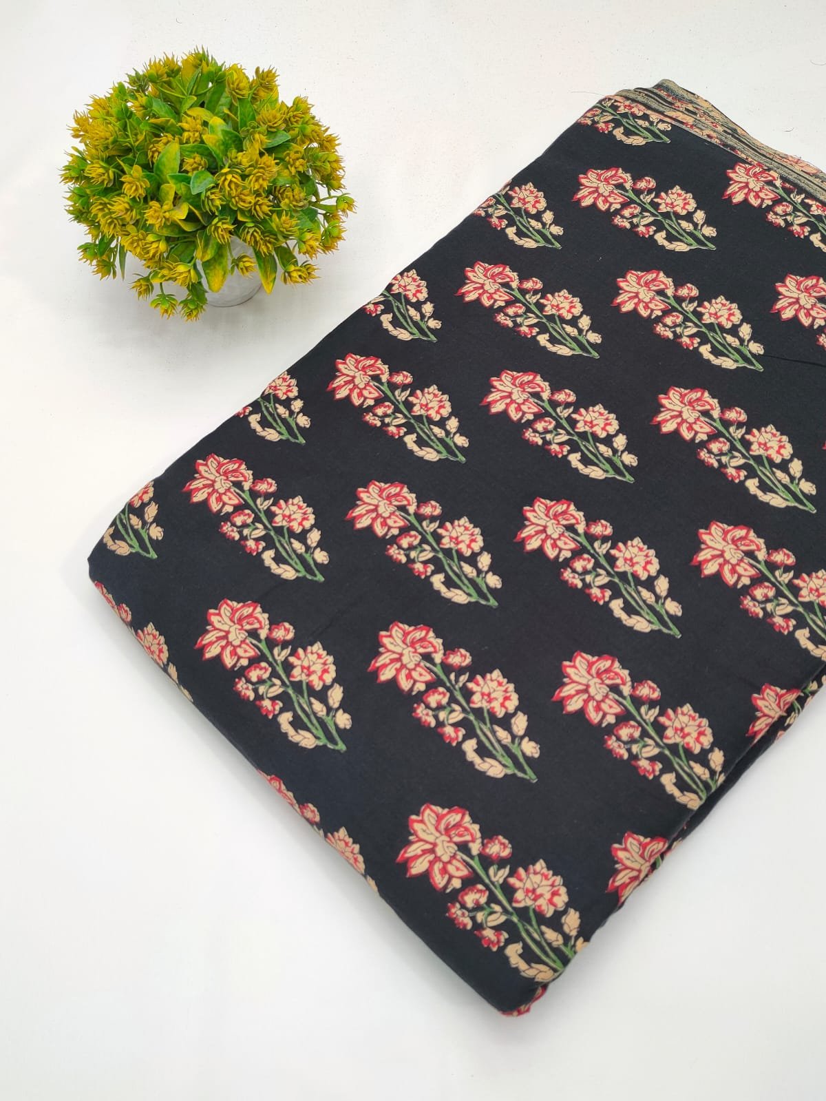 Black floral screen print cotton fabric Jaipur