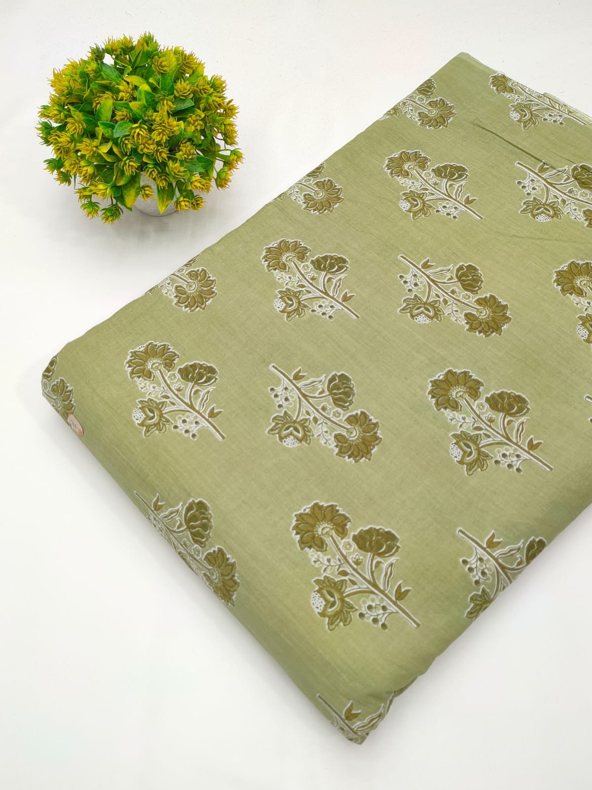 Olive ethnic motif screen print cotton fabric India