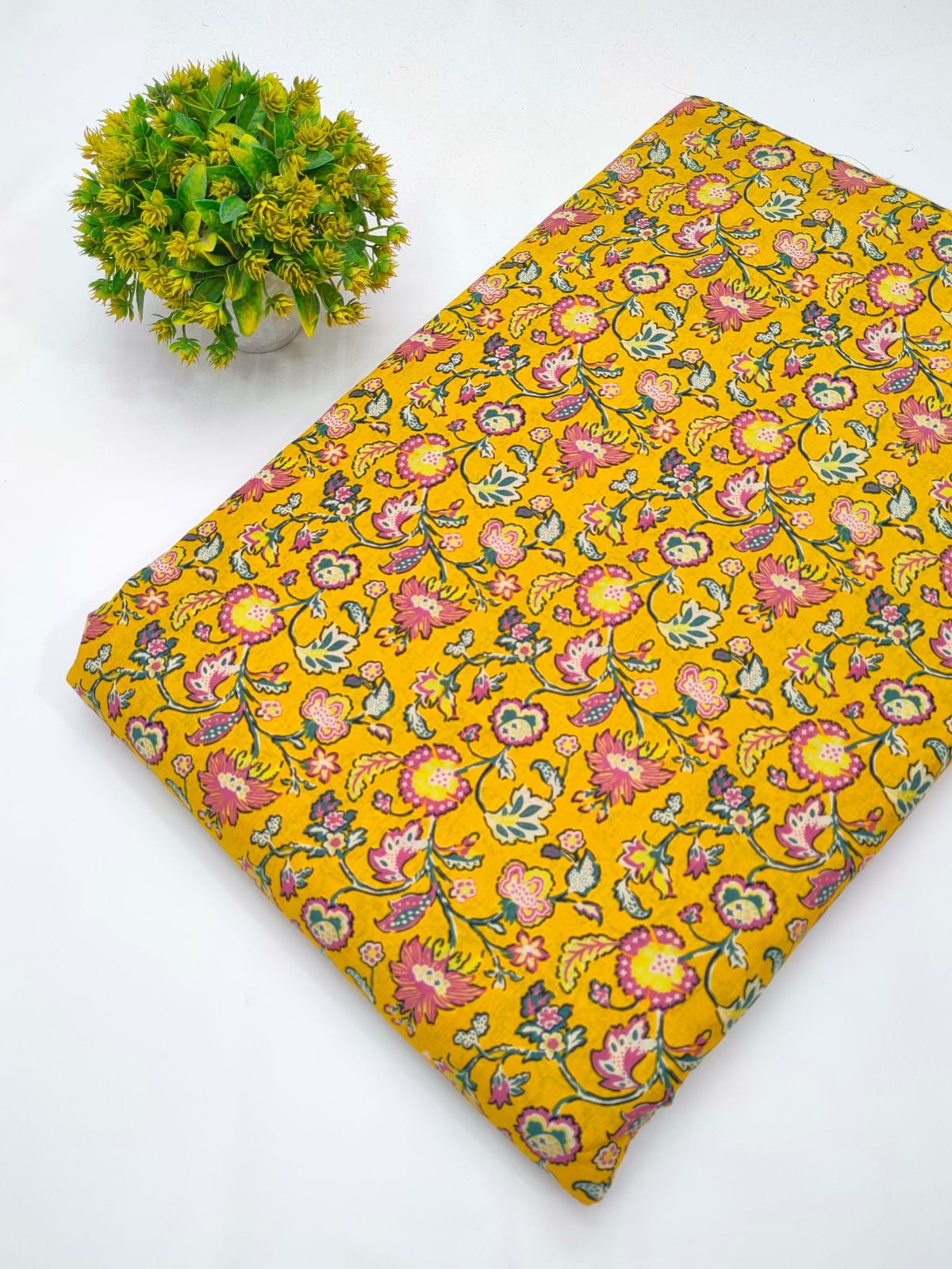Yellow floral screen print cotton fabric Jaipur