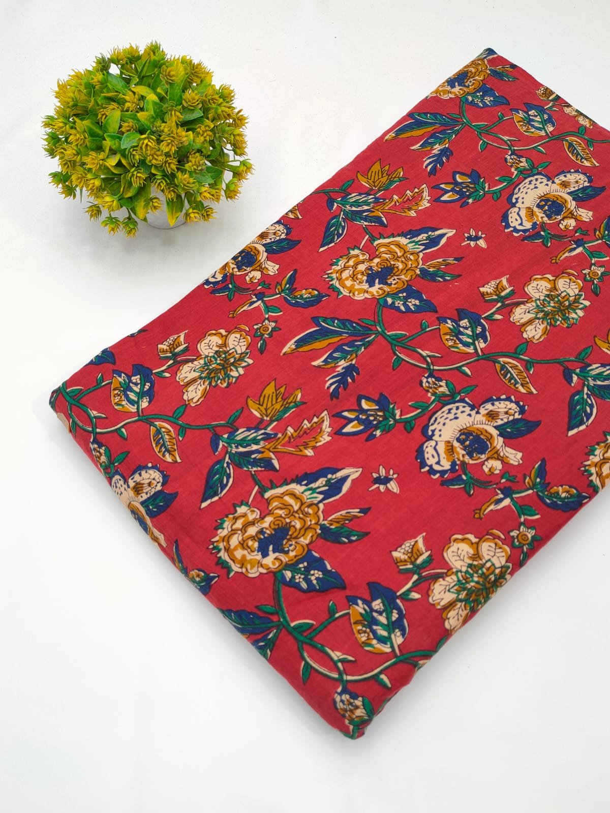 Red multicolor floral screen print cotton fabric