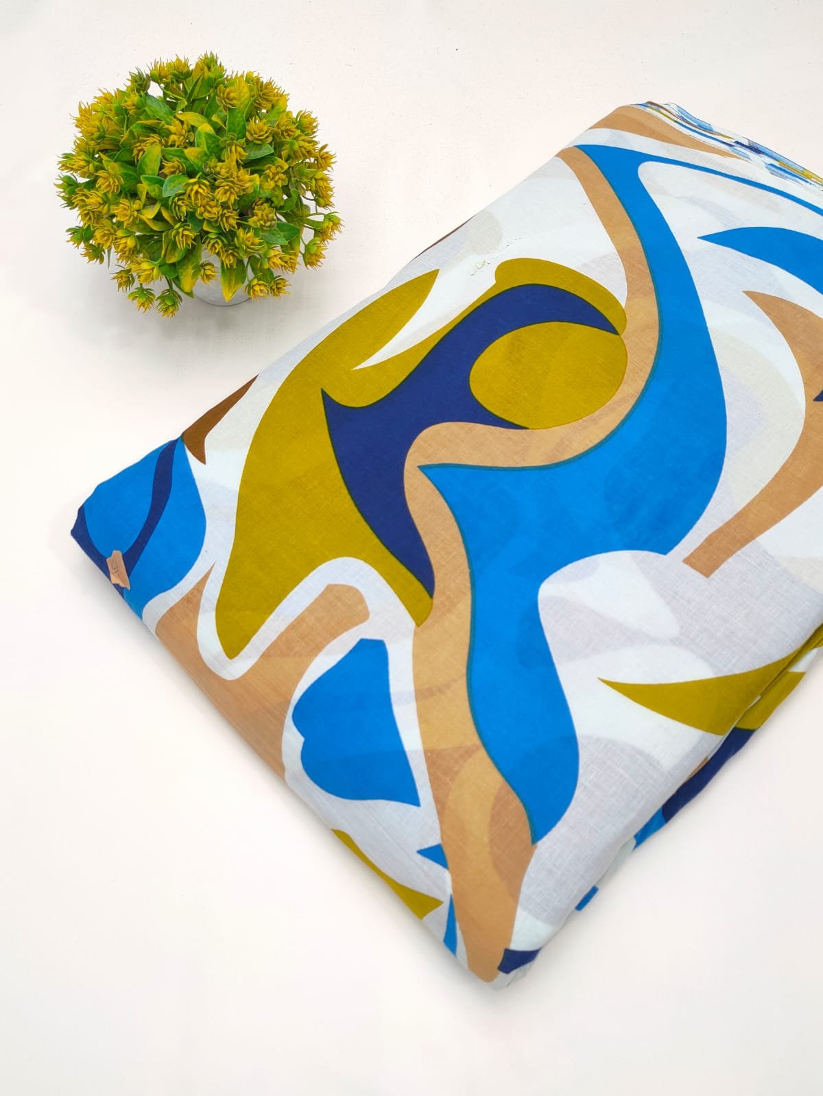 White abstract screen print cotton fabric Jaipur