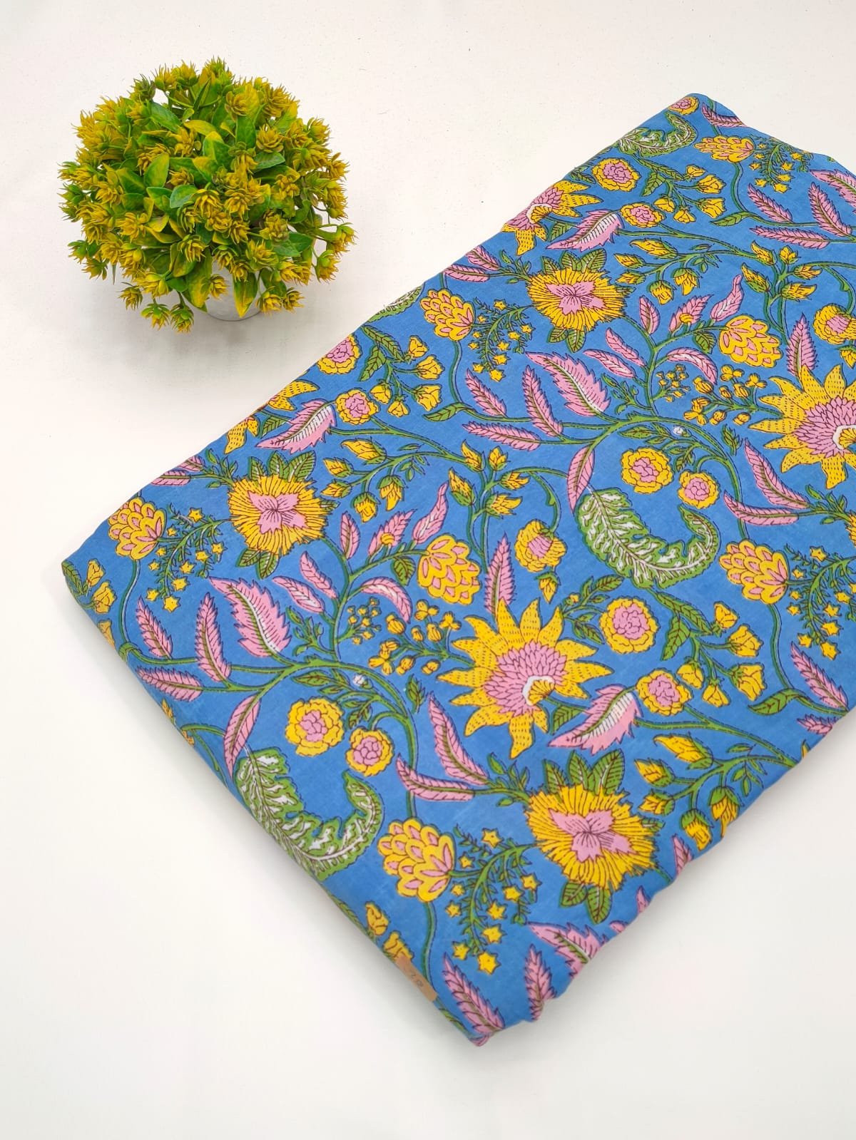 Blue floral cotton fabric screen printed India