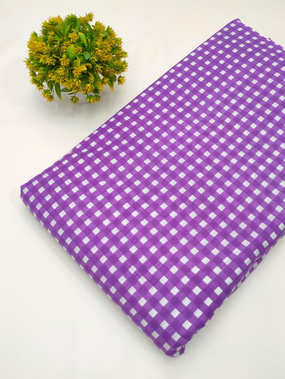 Purple checkered screen print cotton fabric
