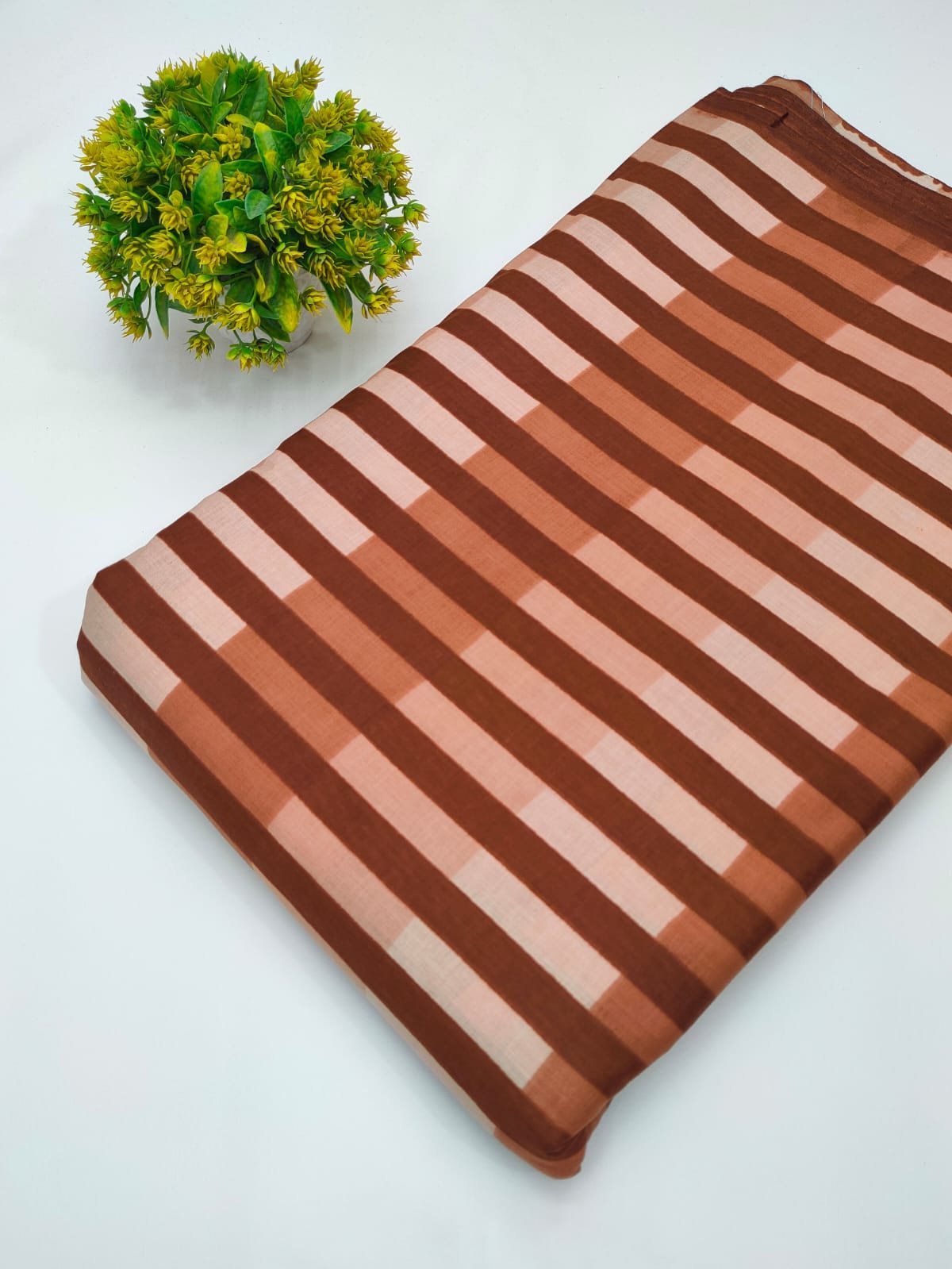 Brown beige striped cotton fabric India