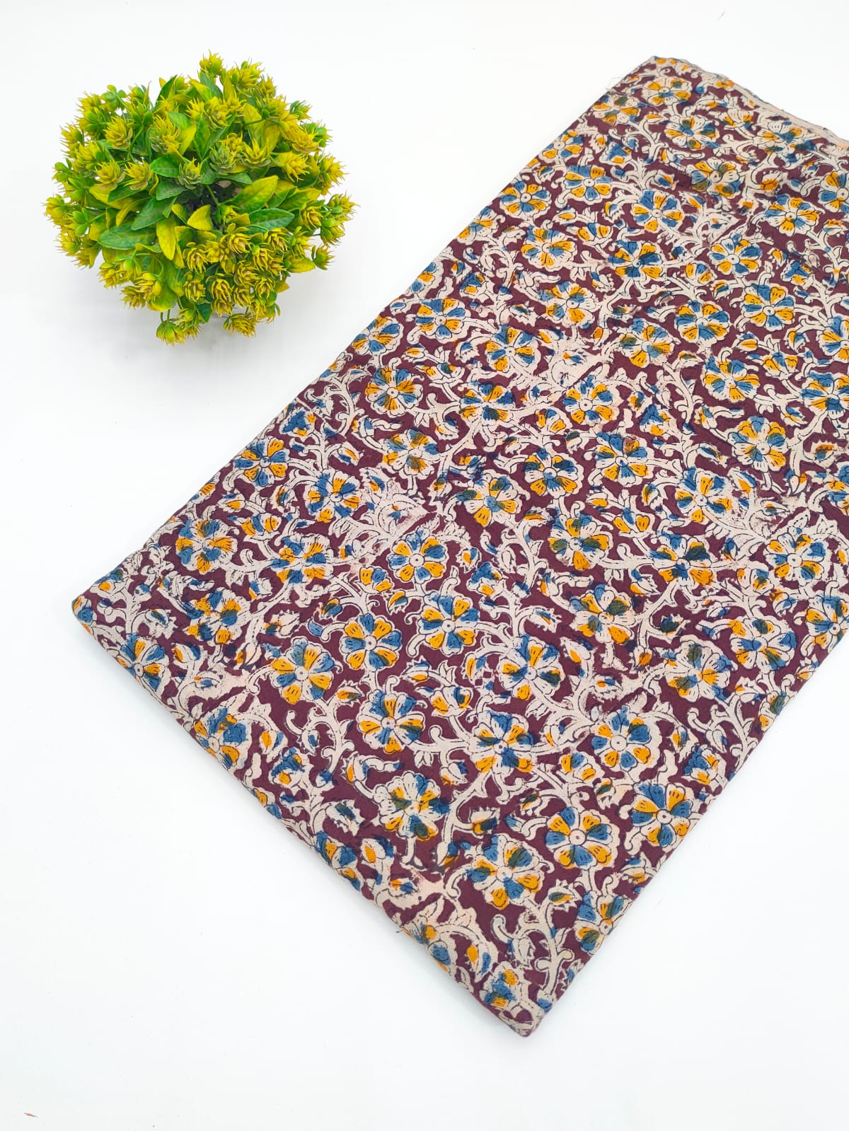 Brown and mustard floral jaal Sanganeri hand block print pure cotton fabric India
