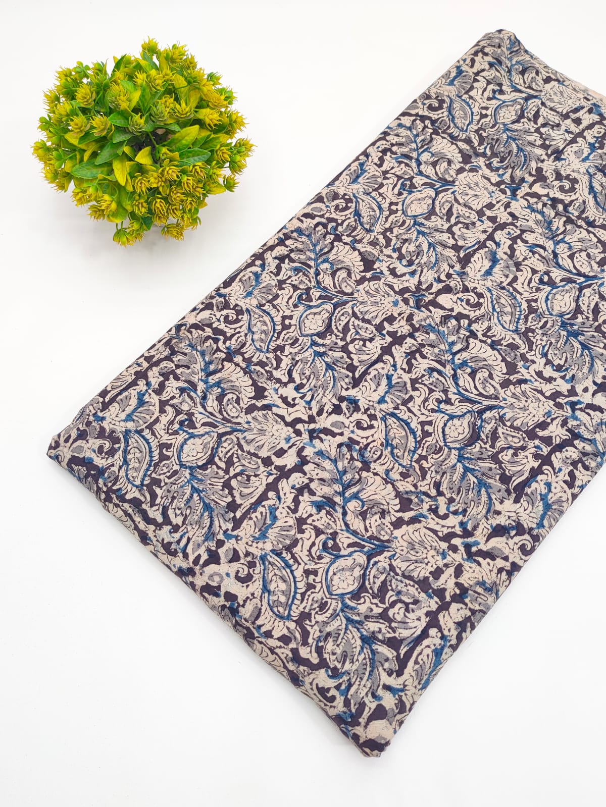 Charcoal and indigo paisley jaal Sanganeri hand block print pure cotton fabric India