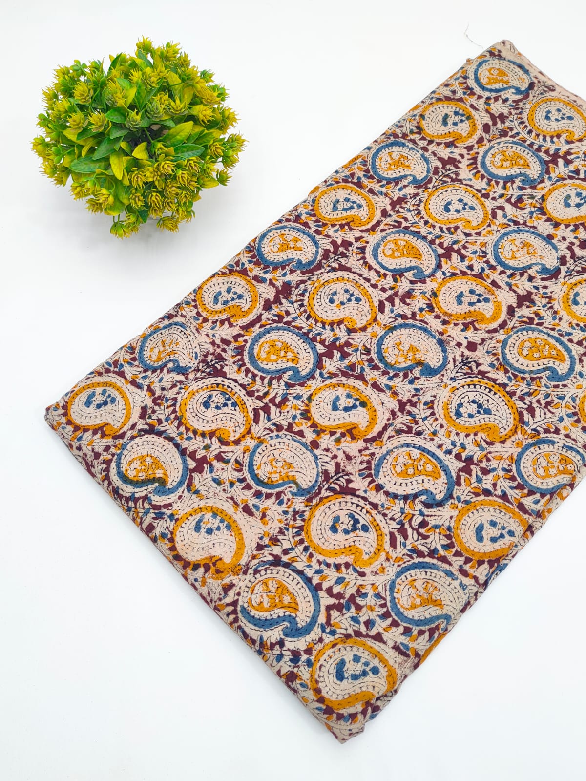 Coffee brown and mustard kalka paisley Sanganeri hand block print pure cotton fabric India