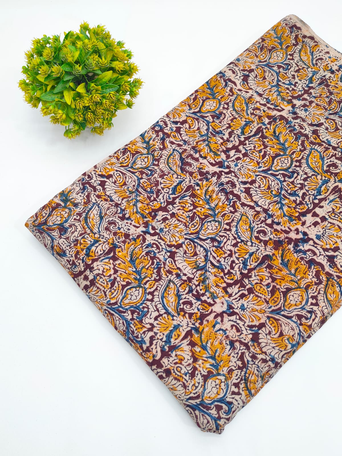 Coffee brown and yellow floral paisley jaal Sanganeri hand block print pure cotton fabric India