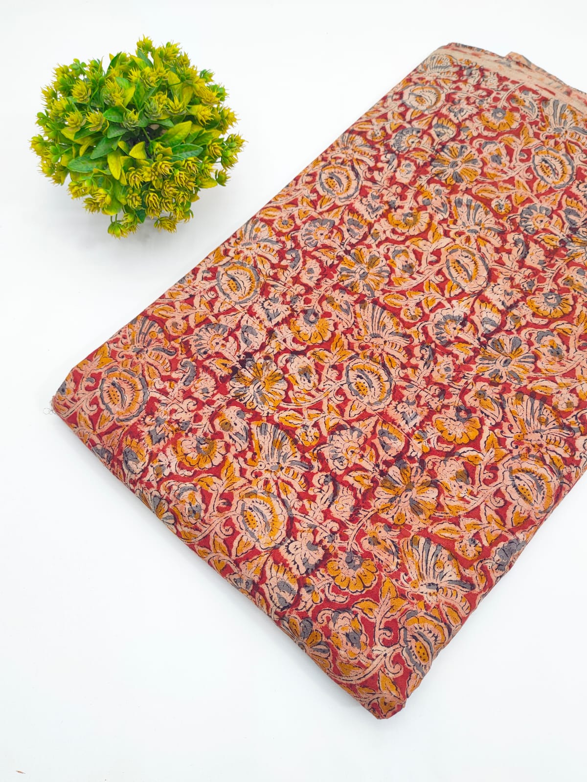 Coral red and ochre floral paisley jaal Sanganeri hand block print pure cotton fabric India