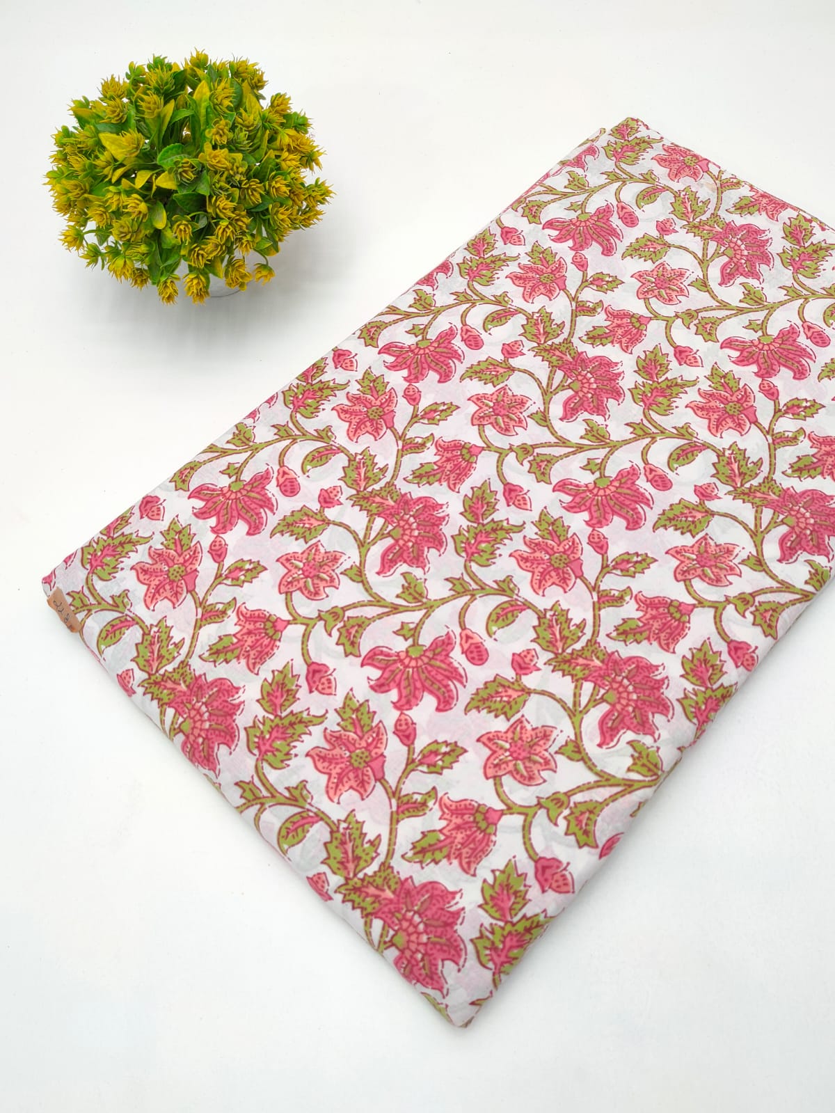 White Floral Sanganeri Block Print Pure Cotton Fabric