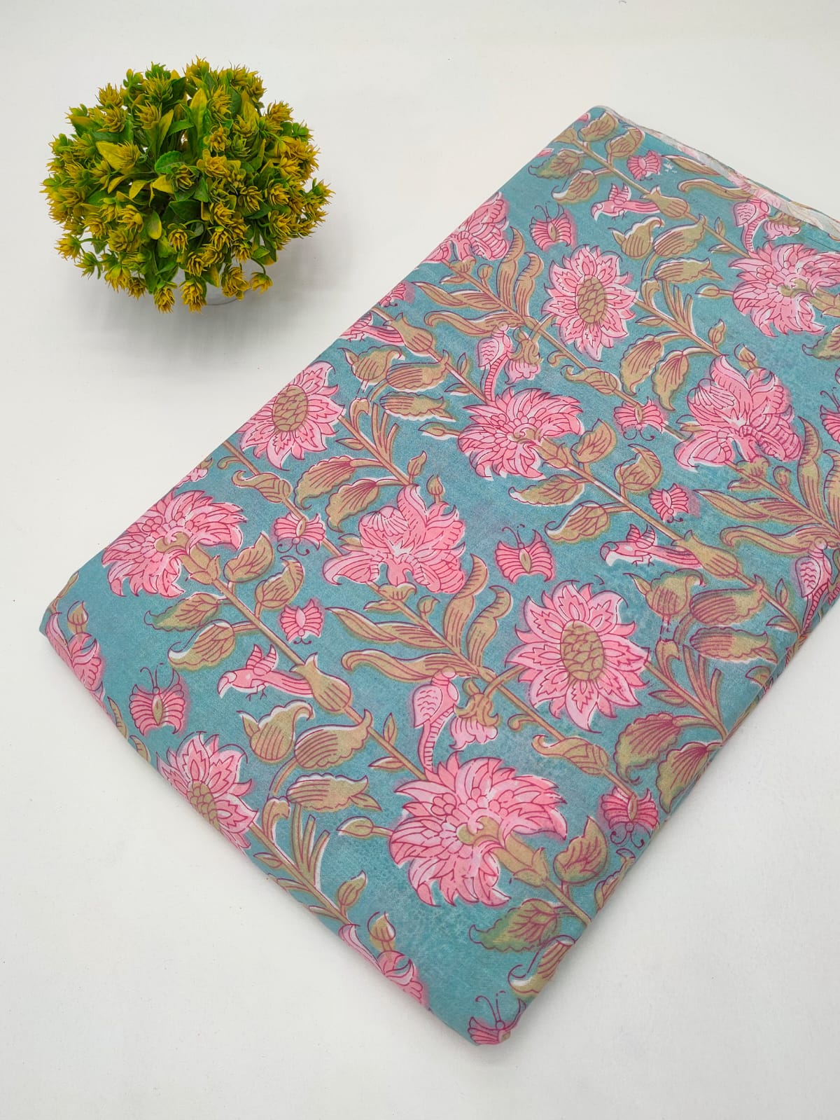 Teal Floral Sanganeri Block Print Pure Cotton Fabric