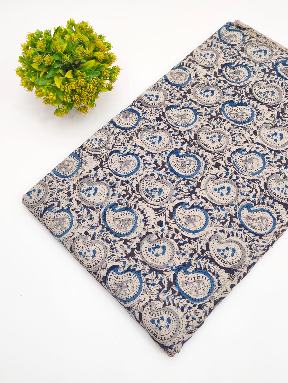 Indigo and slate grey kalka paisley Sanganeri hand block print pure cotton fabric India