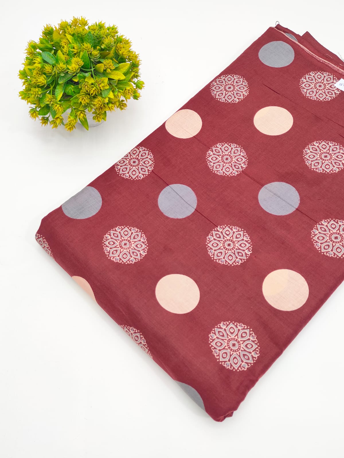 Maroon Polka Dot Screen Print Pure Cotton Fabric - JBRGFD164