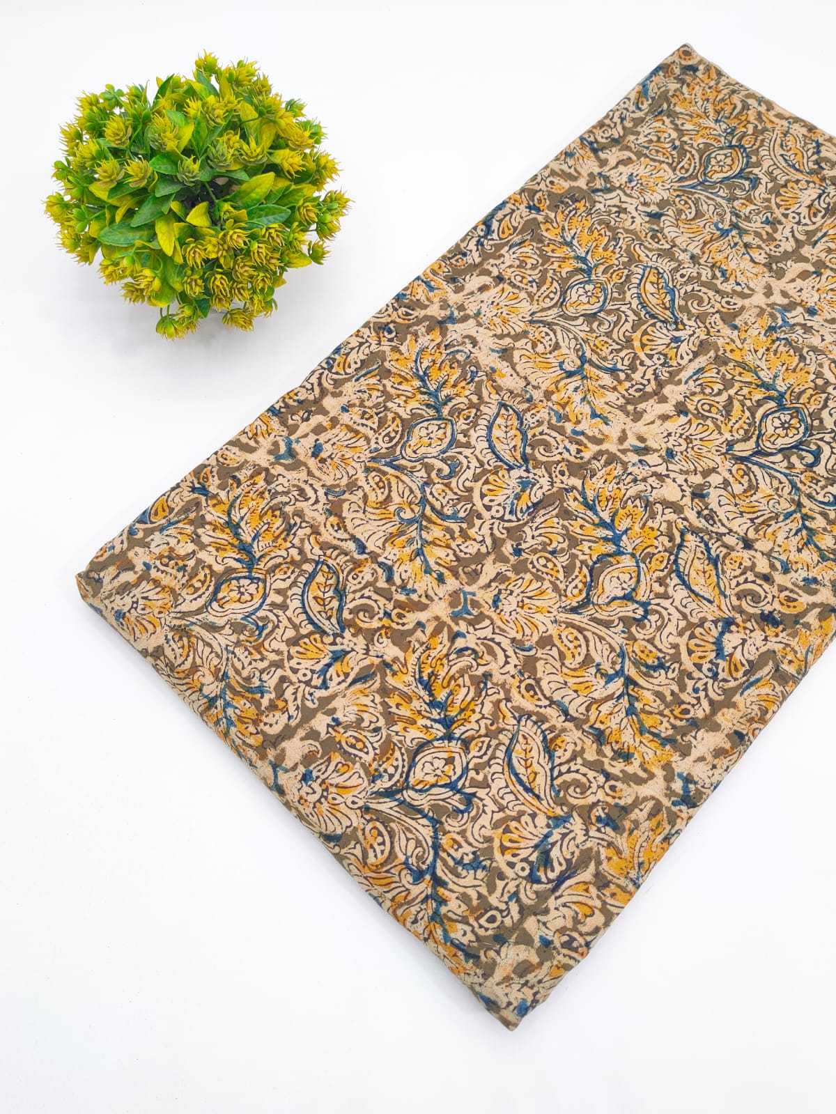 Mustard and olive floral paisley jaal Sanganeri hand block print pure cotton fabric India