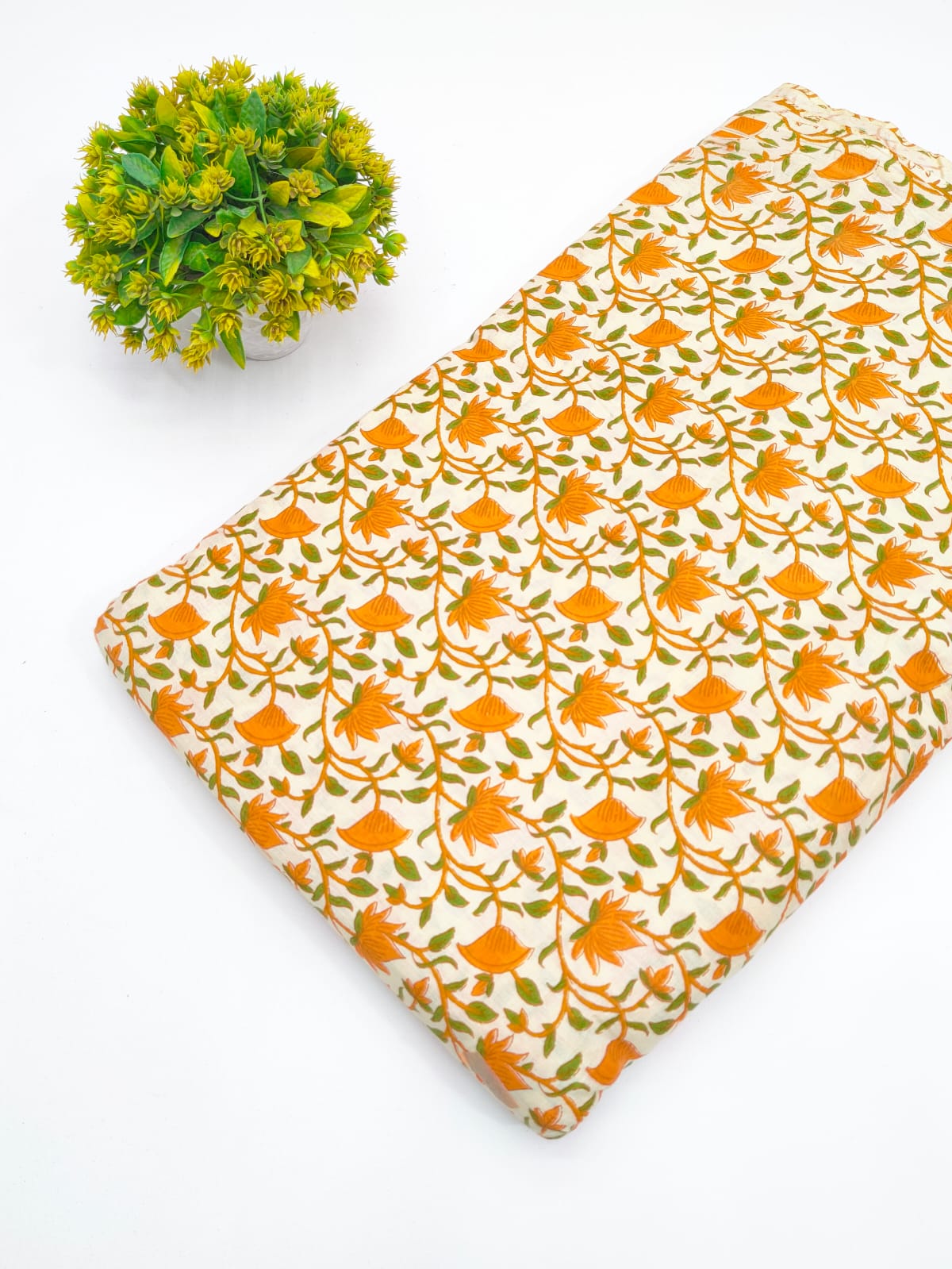 Mustard Yellow Floral Jaal Screen Print Pure Cotton Fabric - JBRGFD44