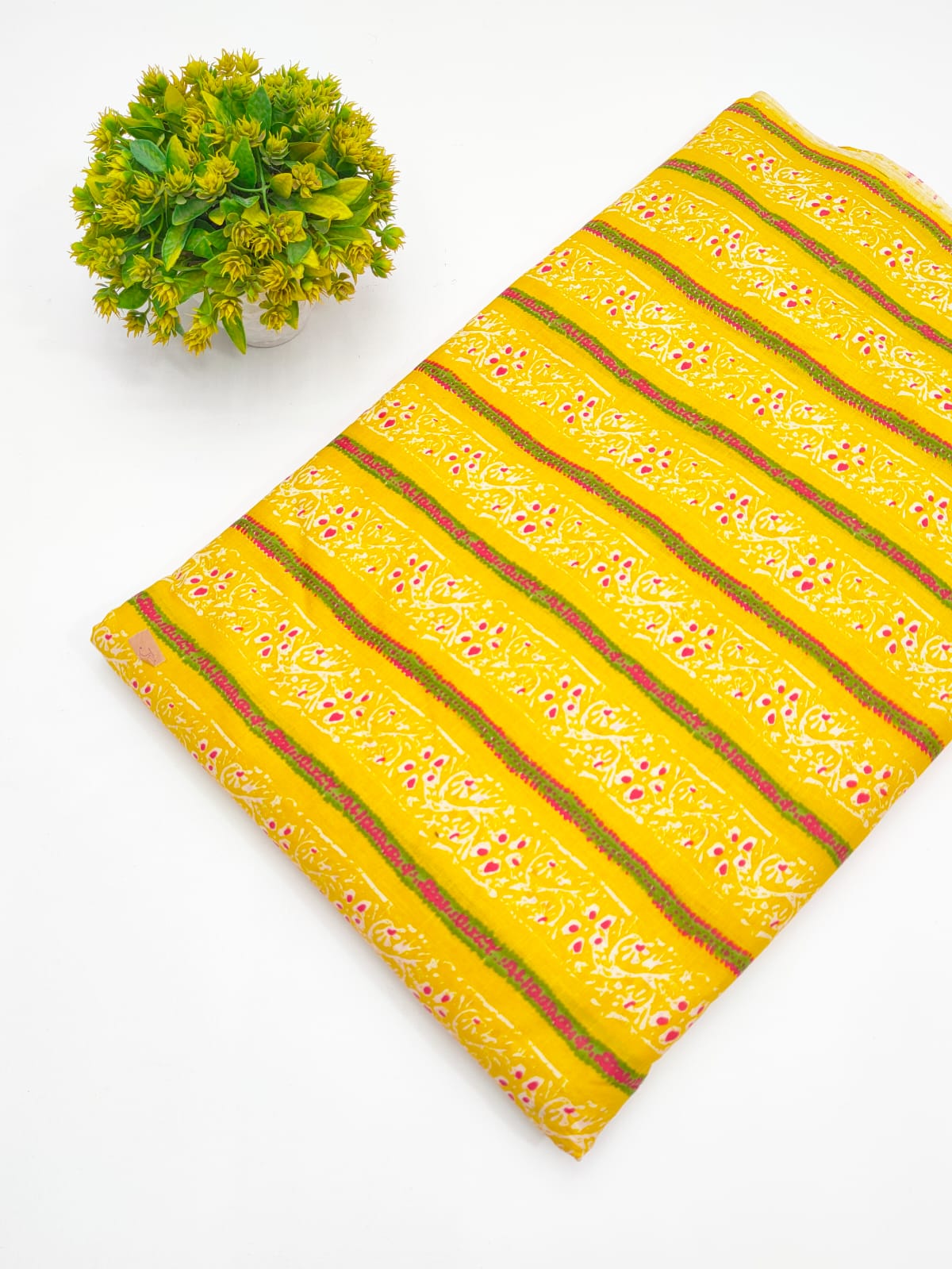 Mustard Yellow Striped Floral Screen Print Pure Cotton Fabric - JBRGFD136
