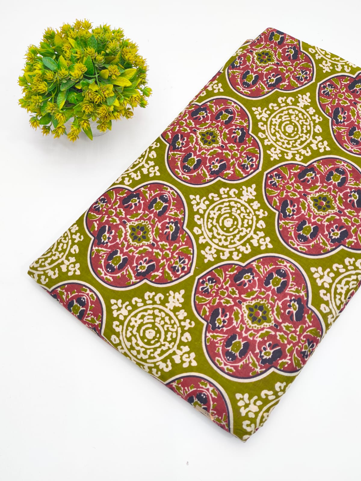 Olive Green Block Print Floral Screen Print Pure Cotton Fabric - JBRGFD158
