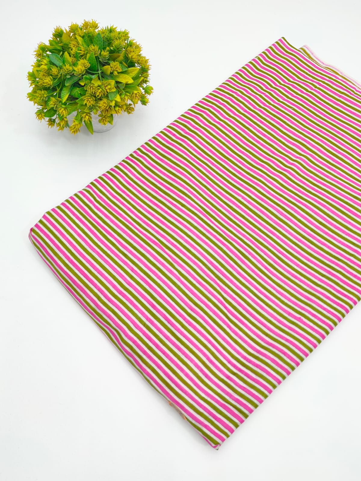 Pink and Green Stripe Screen Print Pure Cotton Fabric - JBRGFD119