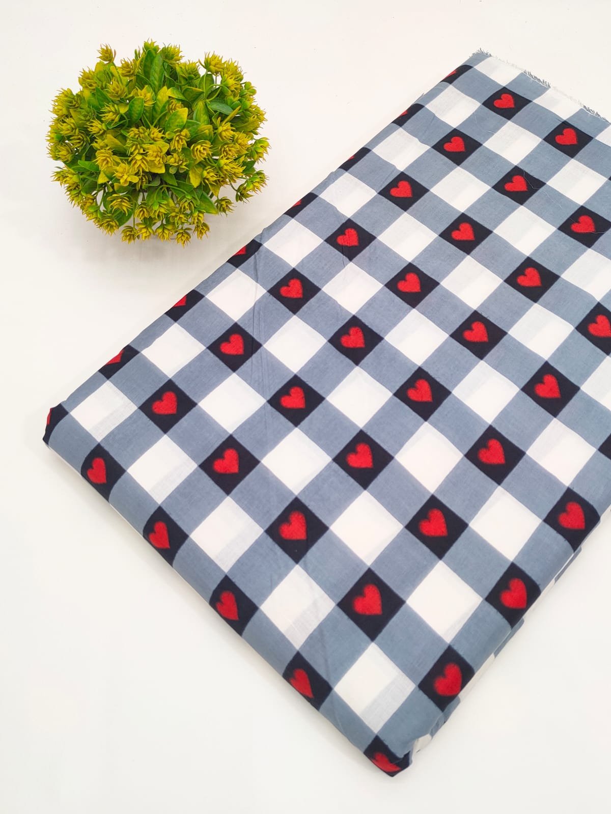 Navy Heart Check Print Pure Cotton Fabric