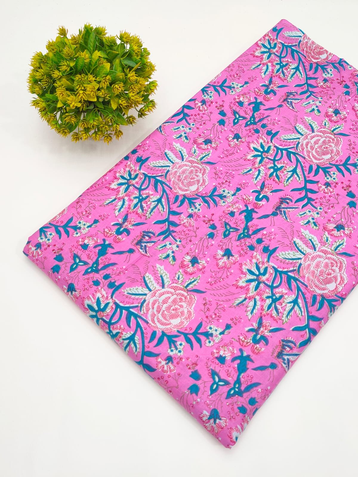 Pink Floral Screen Print Pure Cotton Fabric