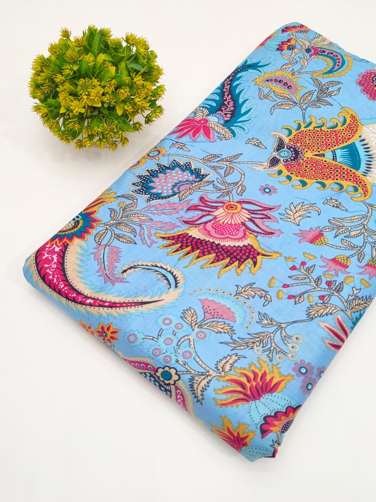 Sky Blue Paisley Screen Print Pure Cotton Fabric