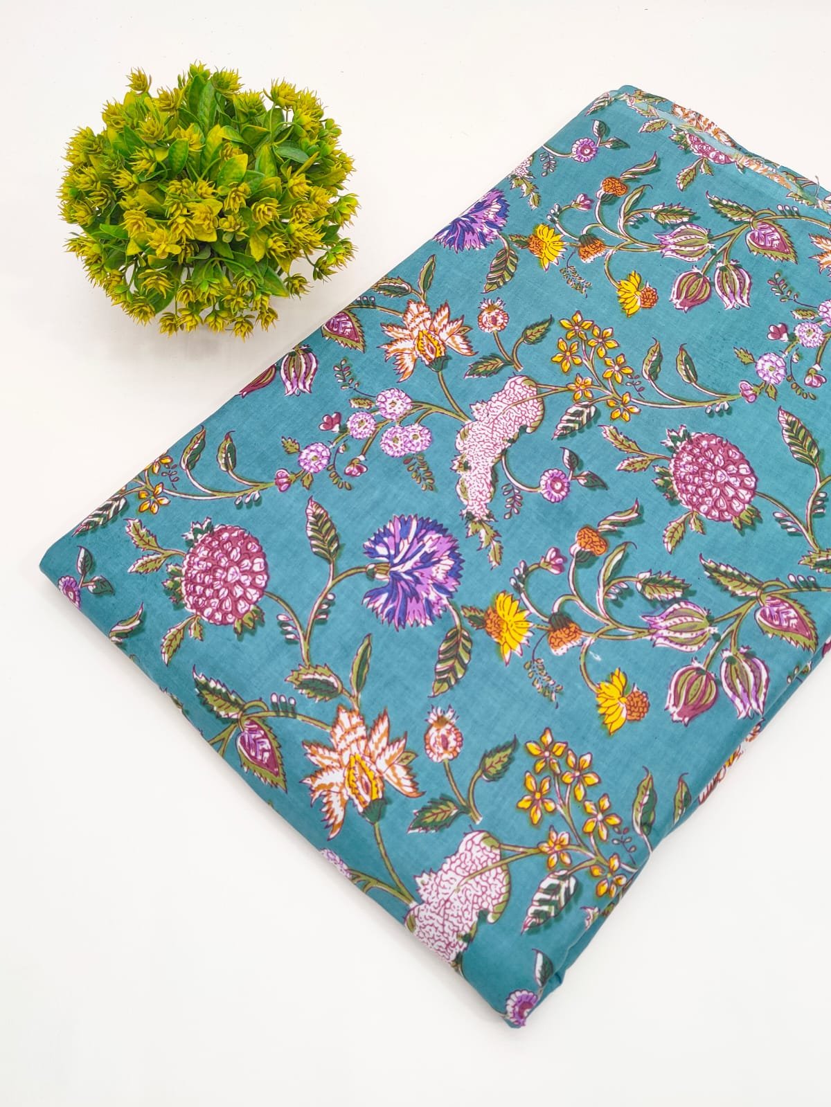 Teal Floral Screen Print Pure Cotton Fabric