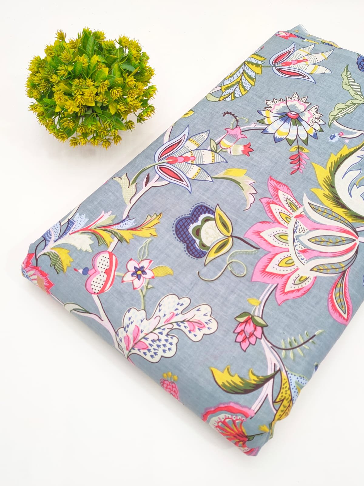 Grey Floral Screen Print Pure Cotton Fabric