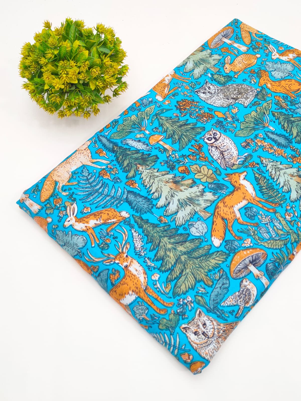 Turquoise Forest Animal Screen Print Pure Cotton Fabric