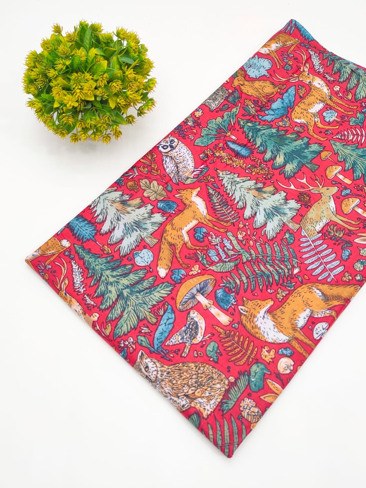 Red Nature Scene Screen Print Pure Cotton Fabric