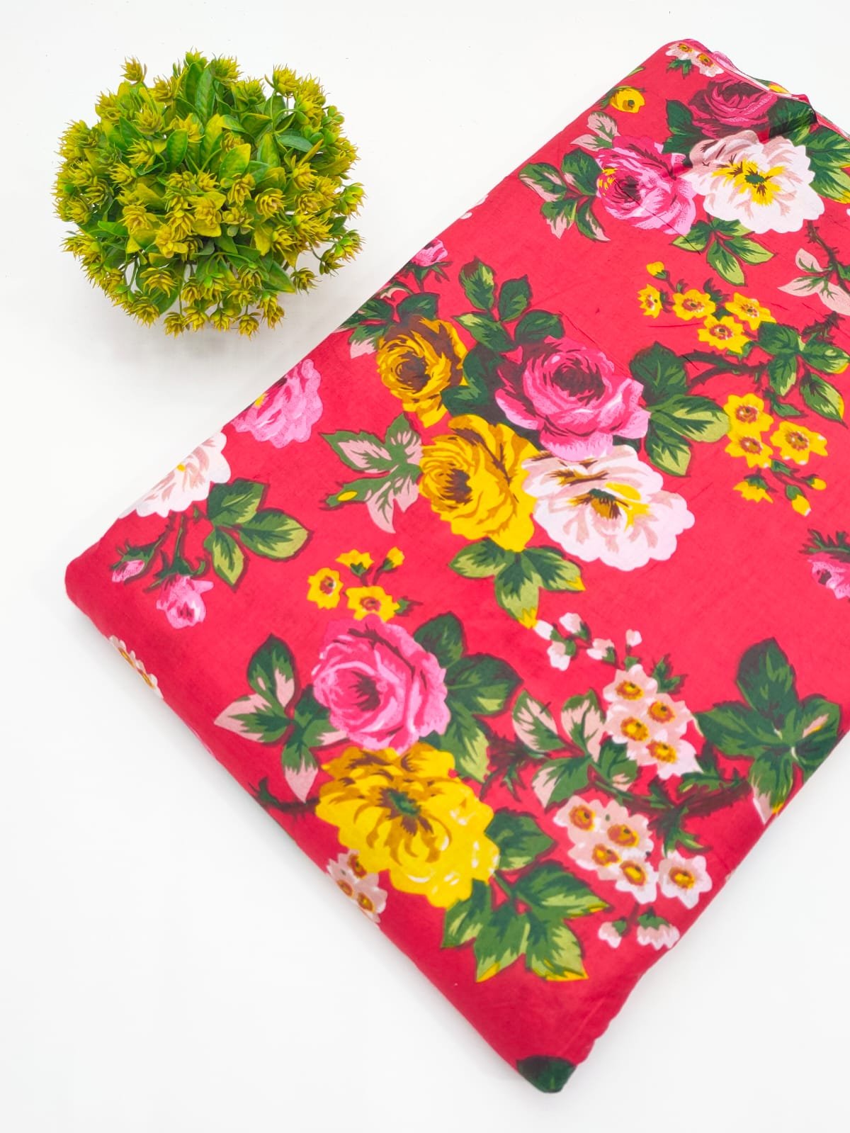 Red Floral Screen Print Pure Cotton Fabric