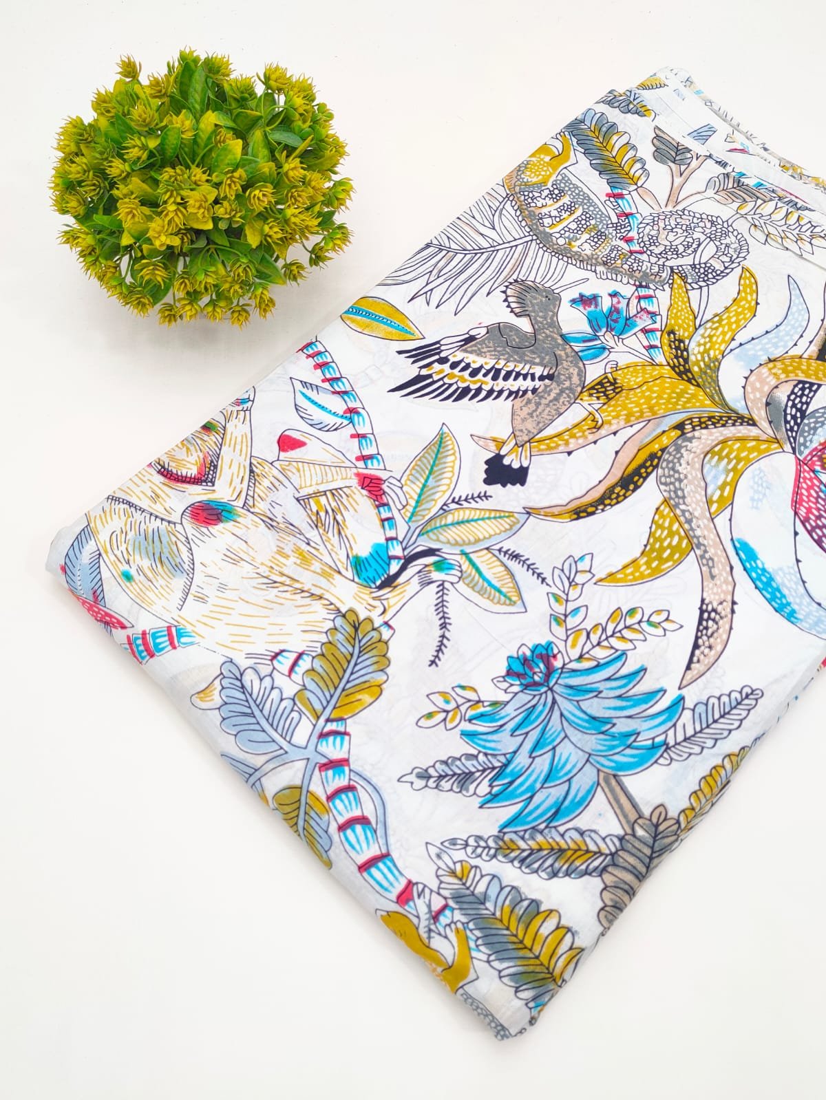 White Tropical Bird Screen Print Pure Cotton Fabric