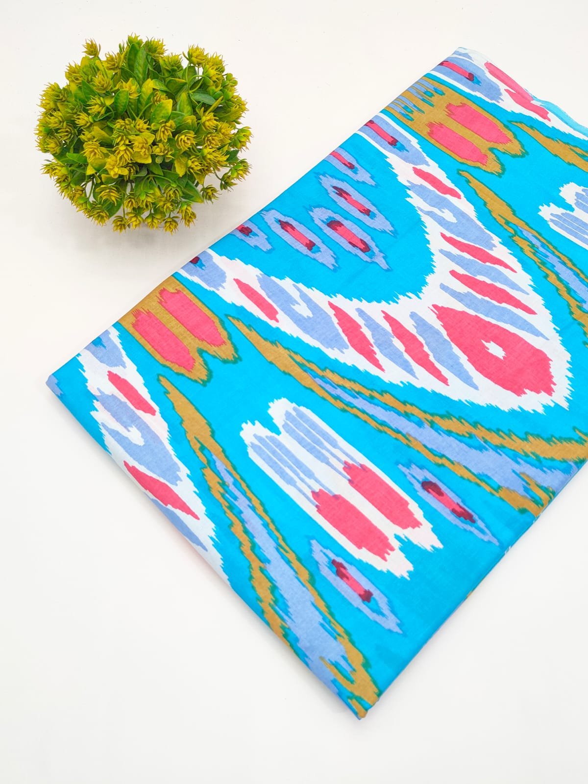 Blue Abstract Ikat Screen Print Pure Cotton Fabric